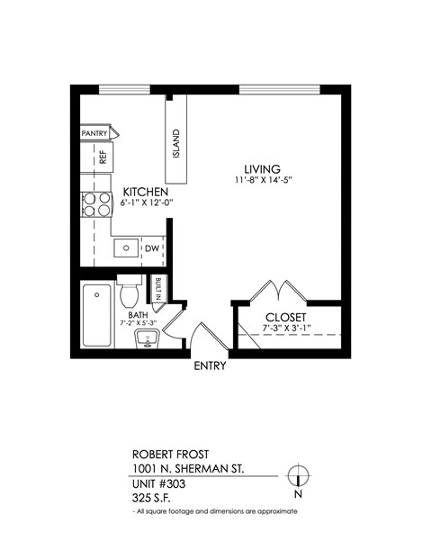 Floor plan for studio, 1 bath, 350 sqft